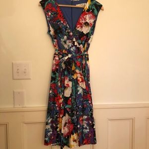 Garden floral pattern fit flare dress with tie